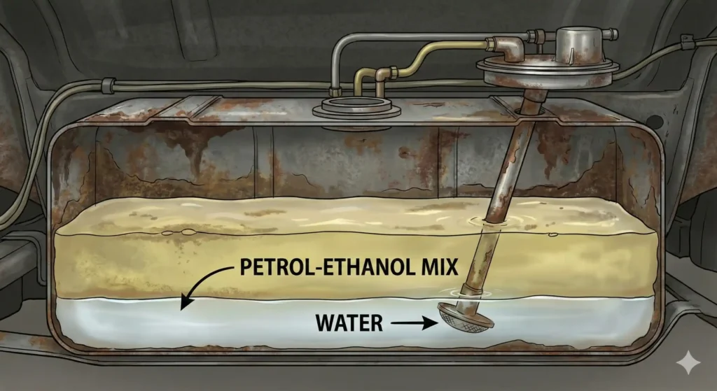 rusty metal fuel tank inside a vehicle
