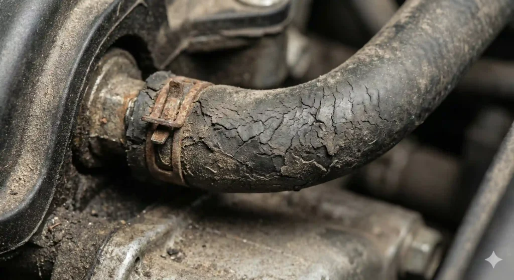 worn out rubber fuel hose inside a car engine bay